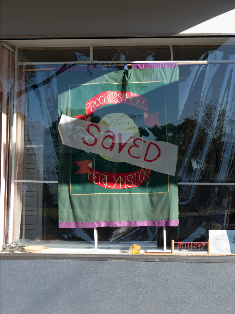 Saved Merlynston Progress hall. Photograph by Fern at FernArtz studio of community banner made at Studio 